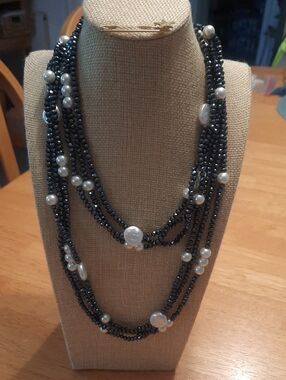 Multi-Strand Black Bead and White Pearl Necklace - Women Jewelry